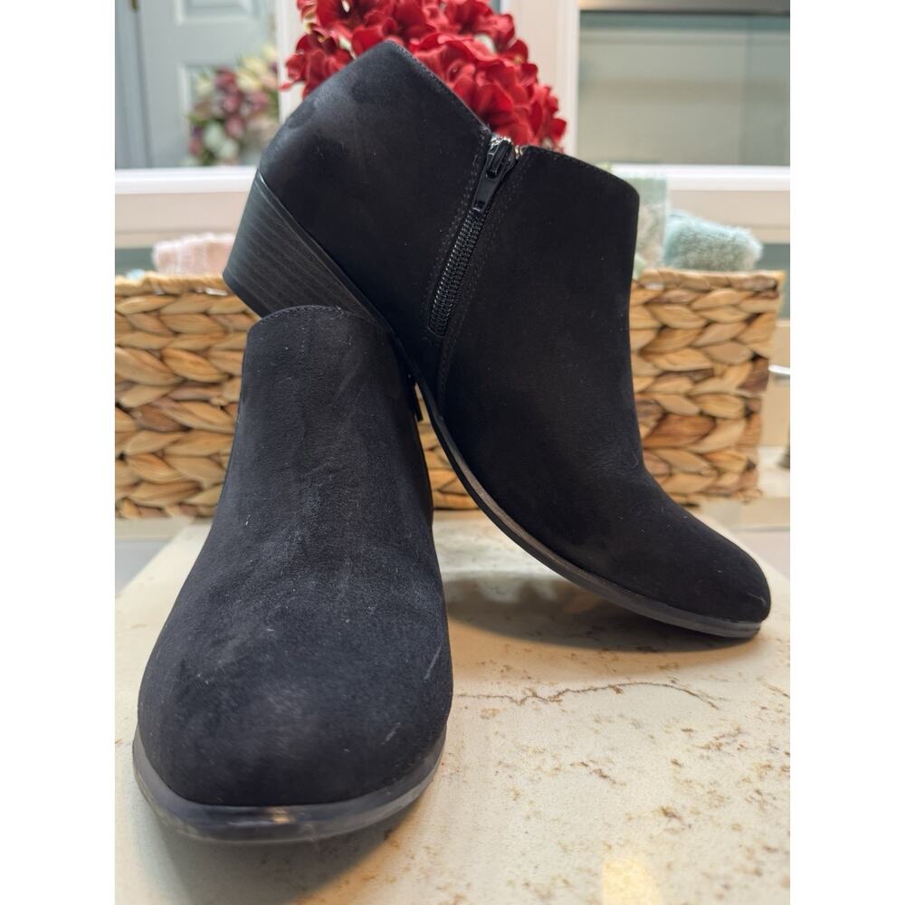 Esprit 9.5M Black Suede Like Booties Pointed Toe Slip Ons Side Zip 2” Heel